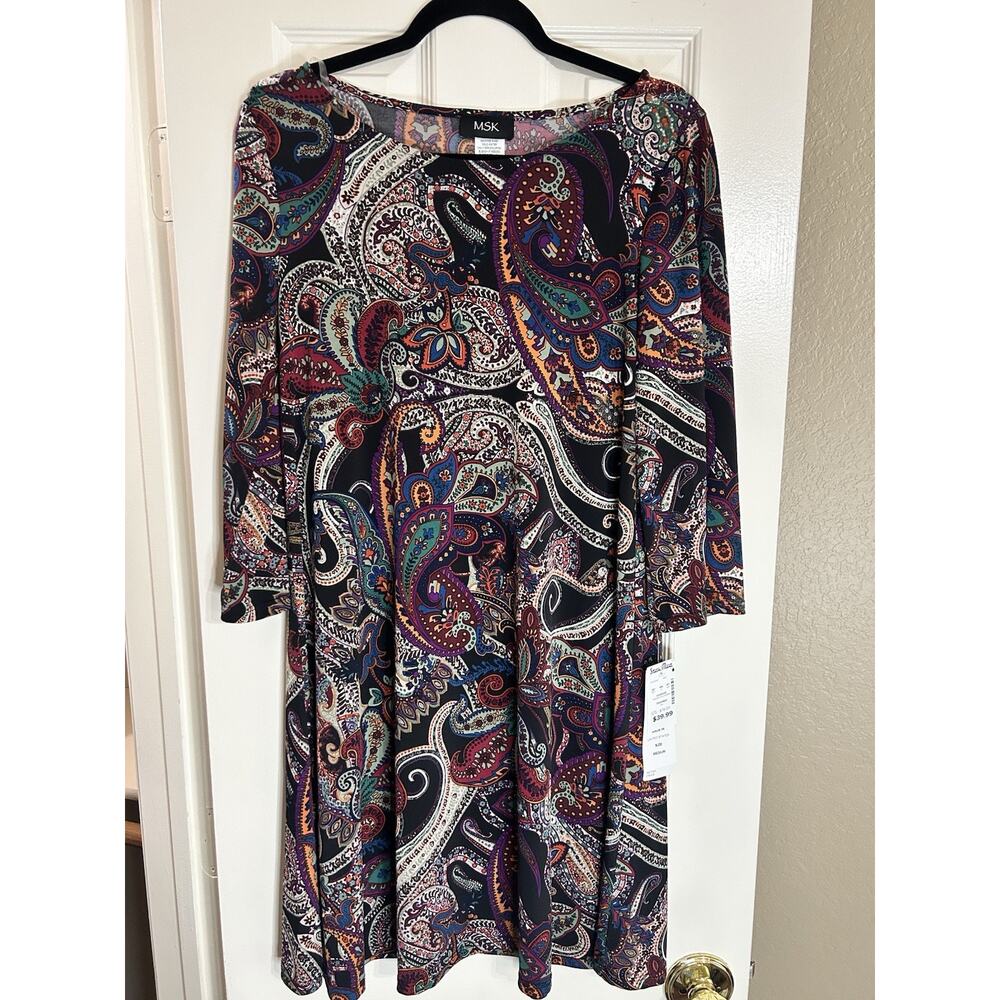 NWT MSK Women's Multicolor Paisley Short Sleeve Length Jersey Dress, Med